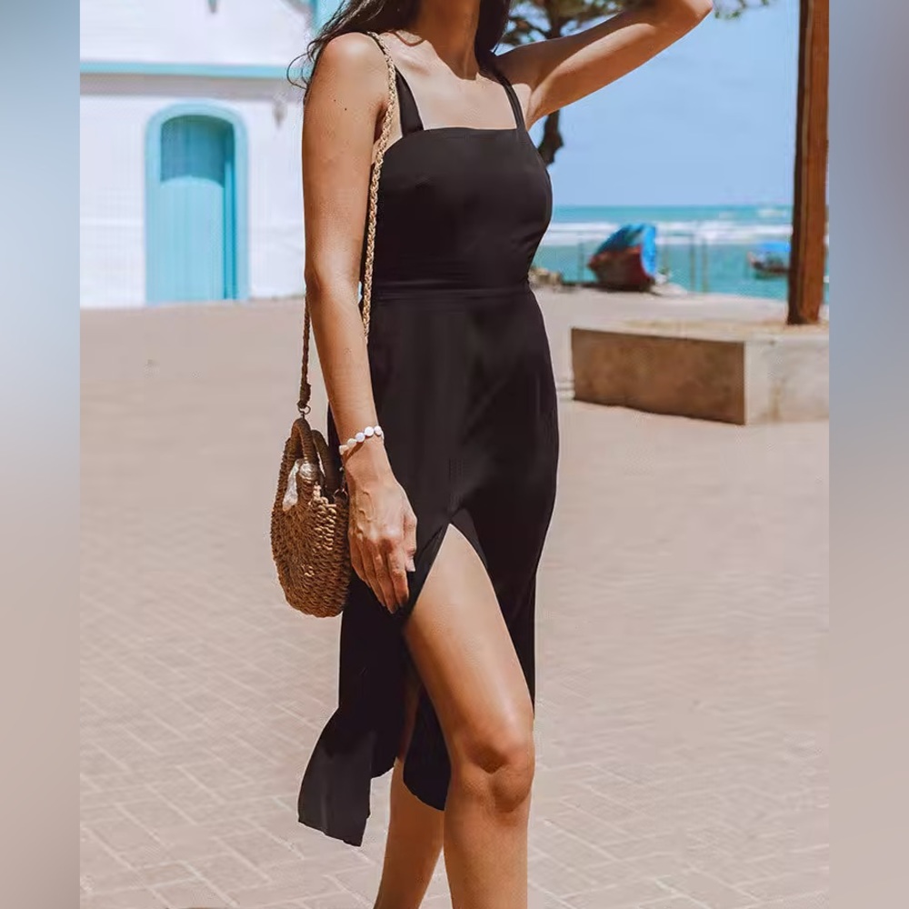Black Shoulder Tie Midi Dress NWT
